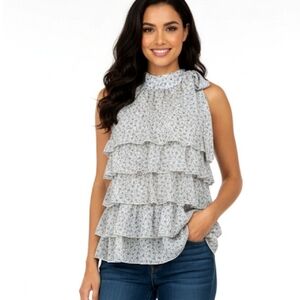 Loverocks Top Blue Cream Floral Print Sleeveless Tie Neckline Tiered Ruffled